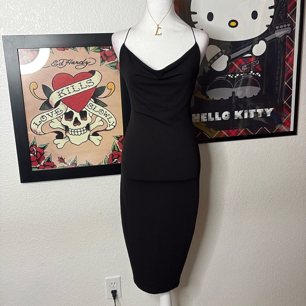 Mind Code Black Cowl Neck Midi Dress Bodycon Spaghetti Strap Going Out Party
